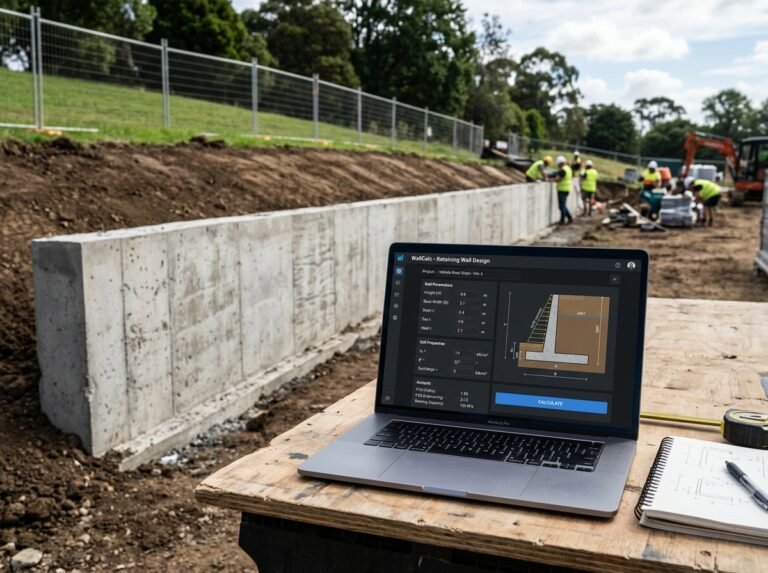 Retaining Wall Design Calculator interface showing fields for wall dimensions, soil properties, and stability results.