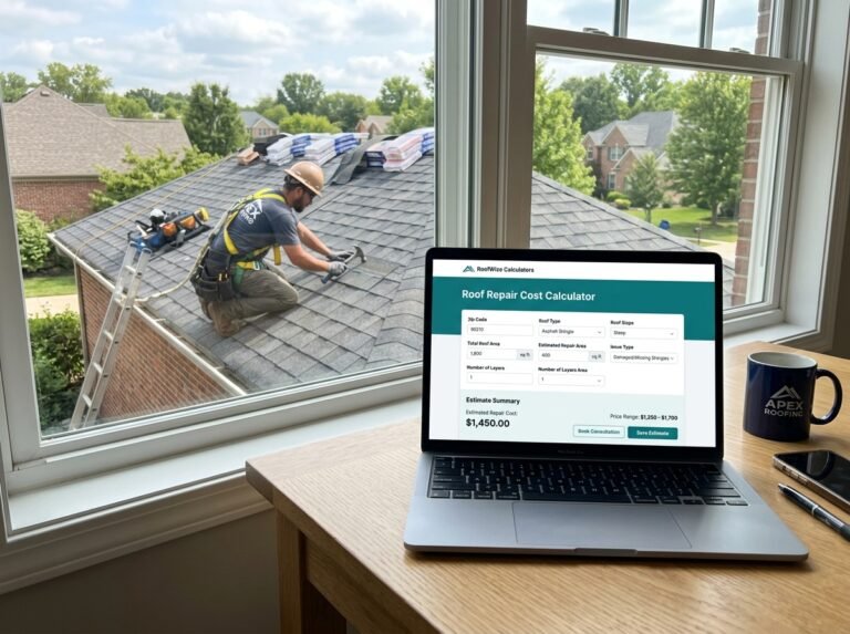 Roof Repair Cost Calculator interface showing fields for repair area, scope, covering, leak fix, access, and labour.