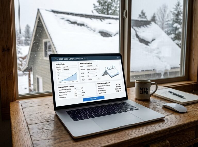 Roof Snow Load Calculator interface showing fields for roof dimensions, climate zone, exposure, and thermal factors.
