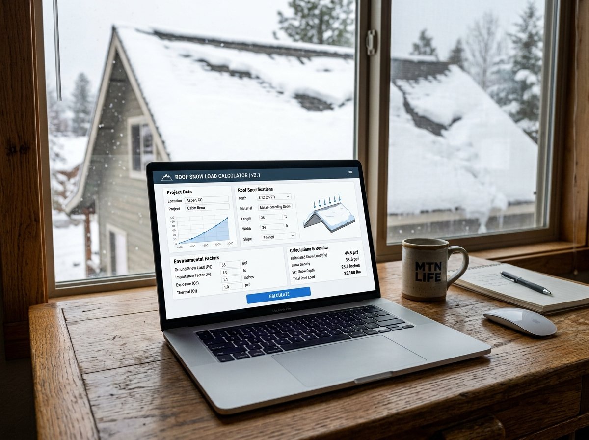 Roof Snow Load Calculator interface showing fields for roof dimensions, climate zone, exposure, and thermal factors.