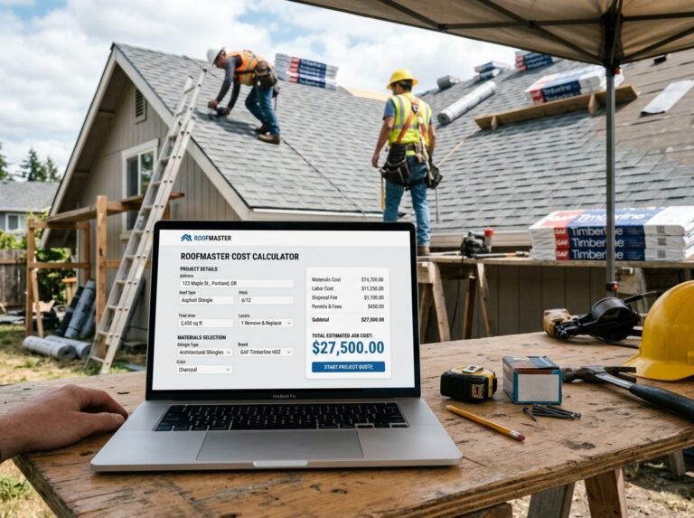 Roofing Job Cost Calculator interface showing fields for area, covering type, and costs.