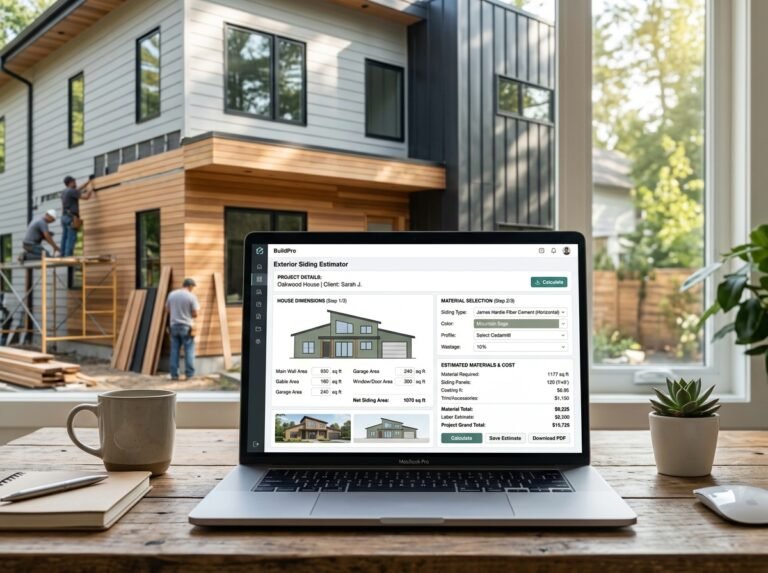 Exterior Siding / Cladding Calculator interface showing fields for wall dimensions, board size, and pricing.