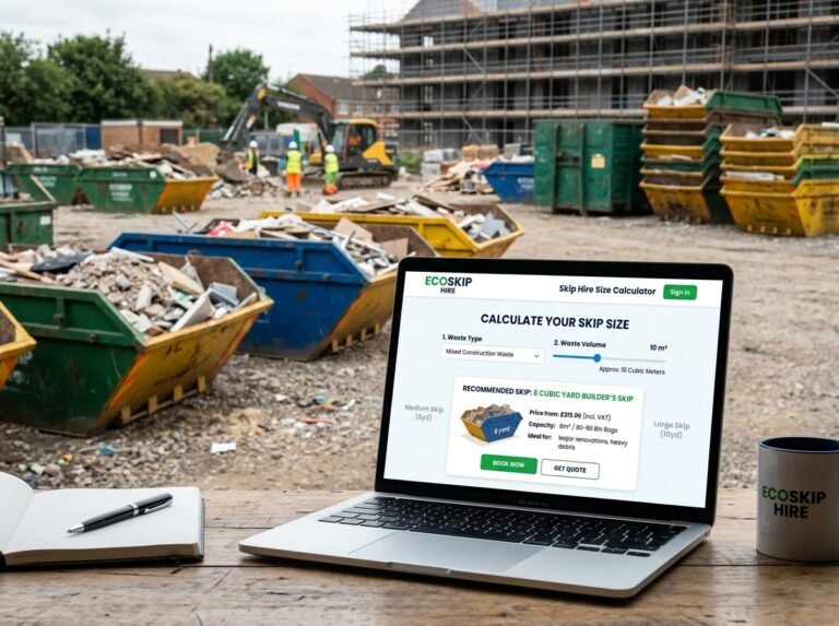 Skip Hire Sizing Calculator interface showing fields for waste type, volume, skip size, and costs.