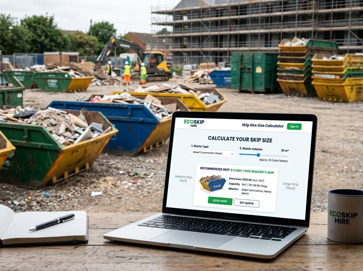 Skip Hire Sizing Calculator interface showing fields for waste type, volume, skip size, and costs.