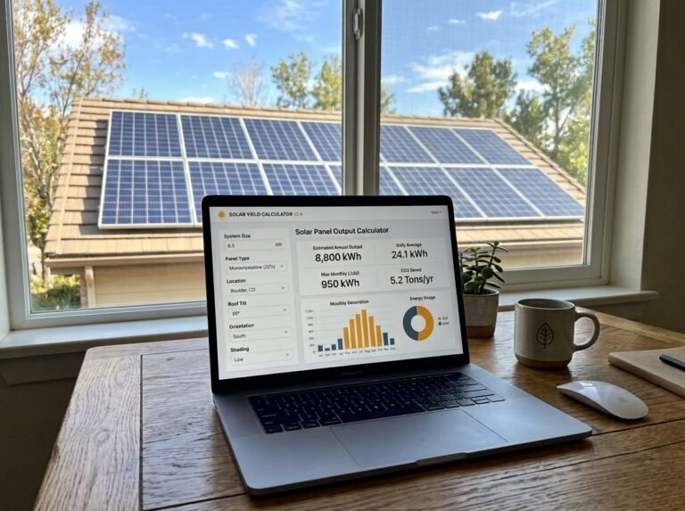 Solar Panel Output Calculator interface showing fields for system size, yield, consumption, and pricing.