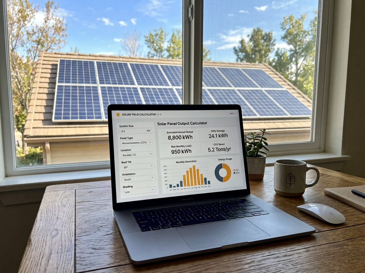 Solar Panel Output Calculator interface showing fields for system size, yield, consumption, and pricing.