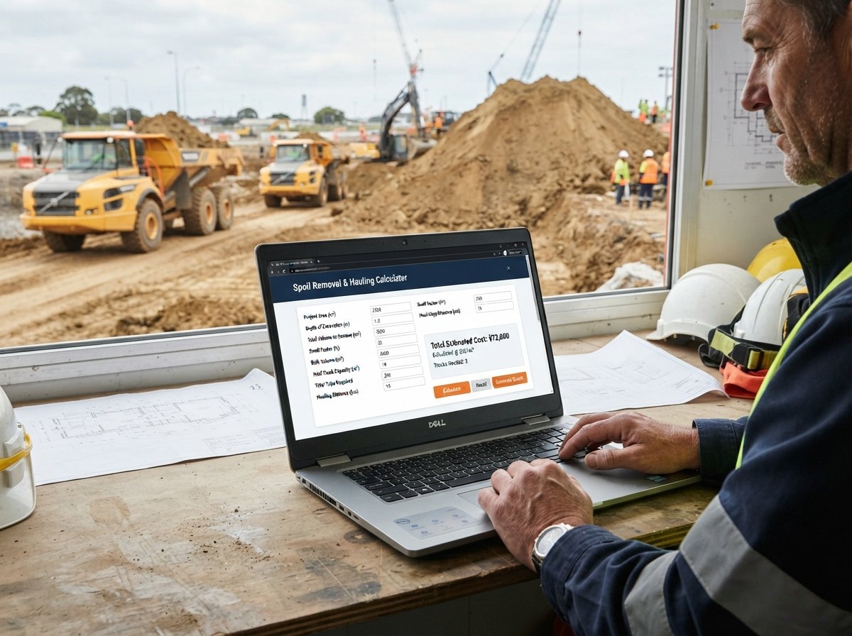 Spoil Removal / Hauling Calculator interface showing fields for volume, truck capacity, and costs.