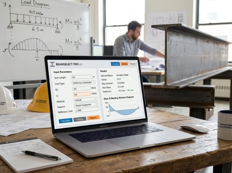 Steel Beam (UB) Selection Calculator interface showing fields for span, support, load, and steel grade.