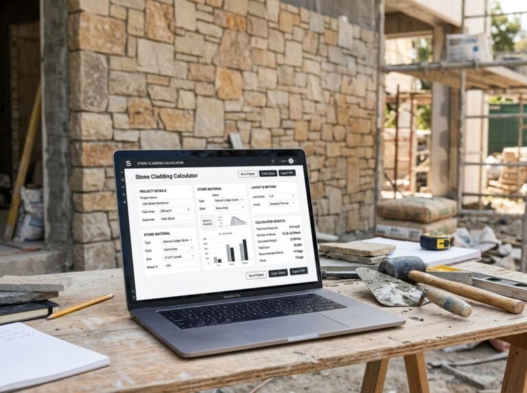 Stone Cladding Calculator interface showing fields for wall dimensions, stone type, thickness, and pricing.