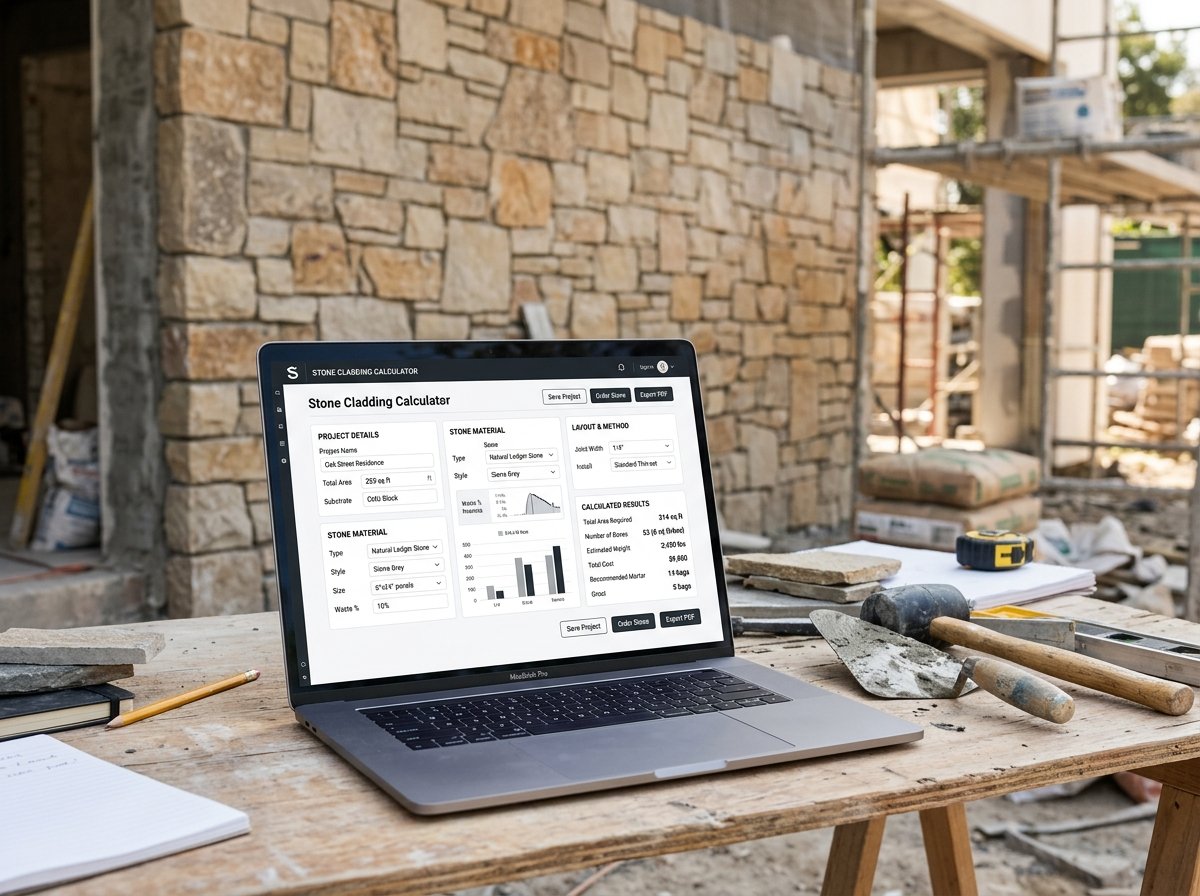 Stone Cladding Calculator interface showing fields for wall dimensions, stone type, thickness, and pricing.