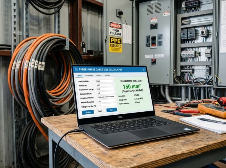 Cable Size (Three-Phase) Calculator interface showing fields for load, voltage, length, and conductor material.