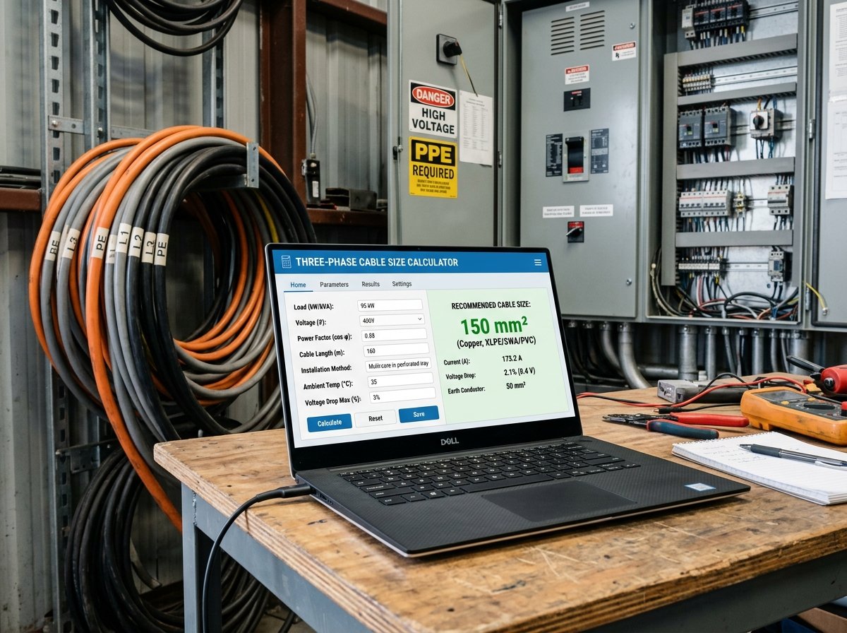 Cable Size (Three-Phase) Calculator interface showing fields for load, voltage, length, and conductor material.