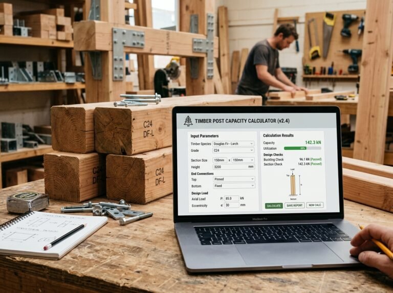 Timber Post Capacity Calculator interface showing fields for post length, size, timber grade, and load.
