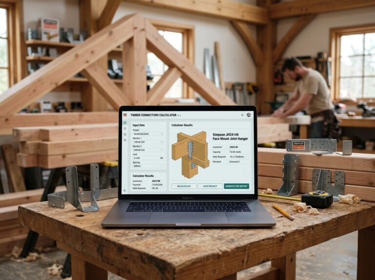 A modern, clean interface of a timber connectors calculator on a laptop screen, with joist hangers, brackets, and timber framing in the background, realistic,