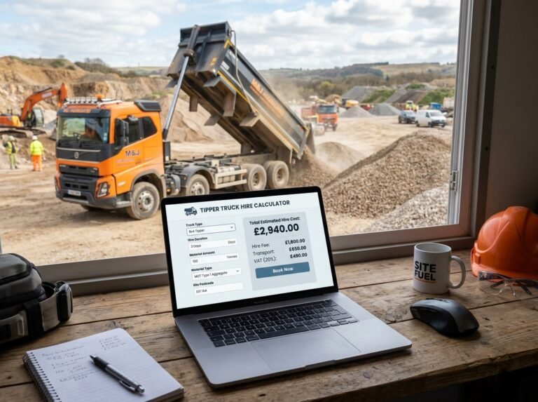 Tipper Truck Hire Calculator interface showing fields for volume, tipper size, and costs.