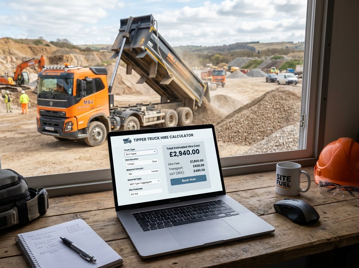 Tipper Truck Hire Calculator interface showing fields for volume, tipper size, and costs.