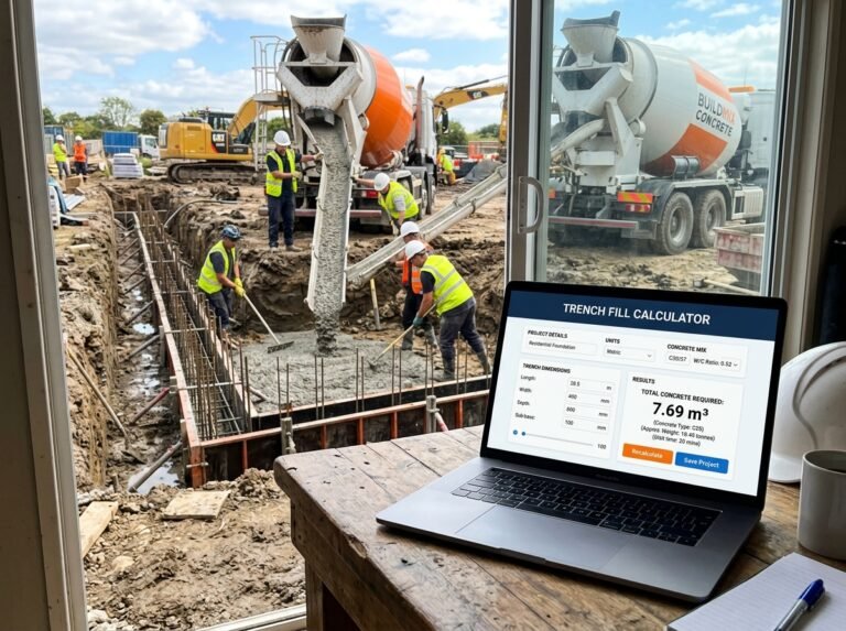 Trench Fill Foundation Calculator interface showing fields for trench dimensions, fill level, reinforcement, and costs.