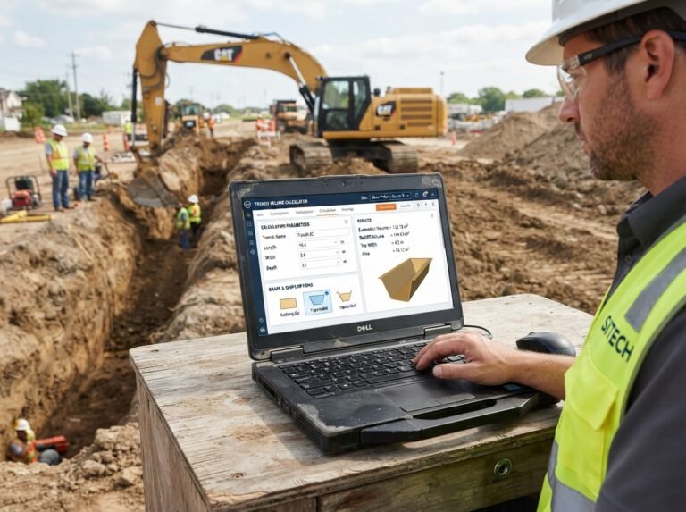 Trench Volume Calculator interface showing fields for length, width, depth, and slopes.