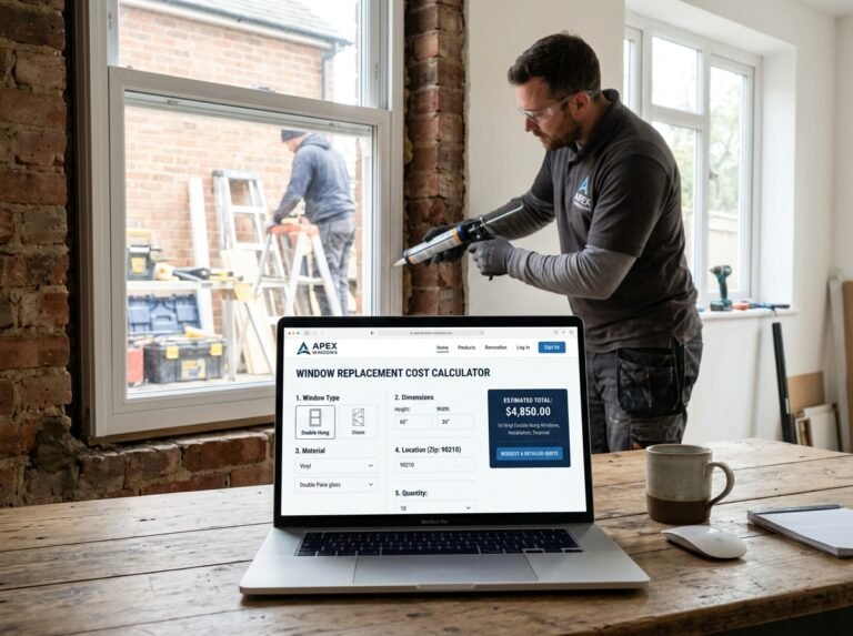 Window Replacement Cost Calculator interface showing fields for window count, dimensions, frame material, glazing, and pricing.